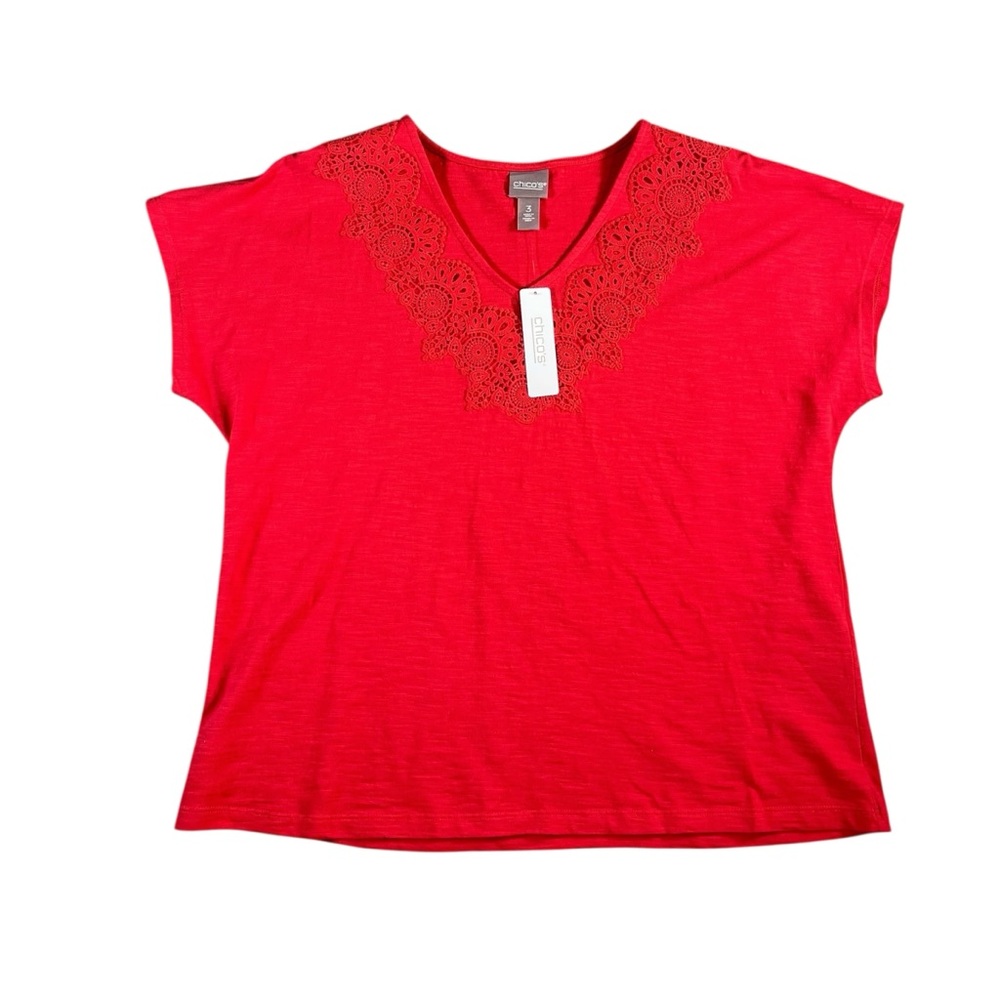 Chico's NWT Women's Floral Lace Short Sleeve Red V-Neck Top Size 3‎